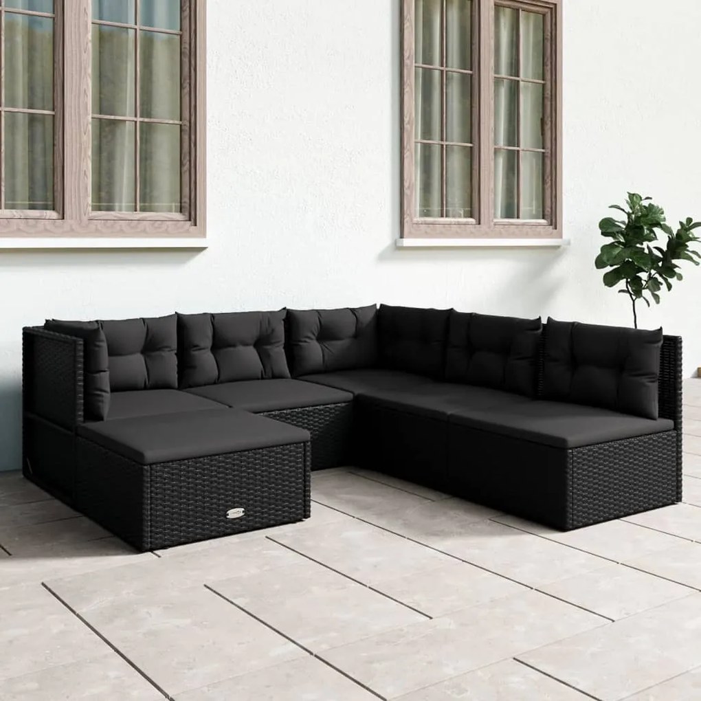 vidaXL 6 pcs conjunto lounge de jardim c/ almofadões vime PE preto