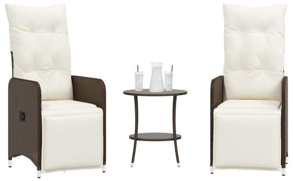 Cadeiras jardim reclináveis 2 pcs c/ mesa vime PE castanho