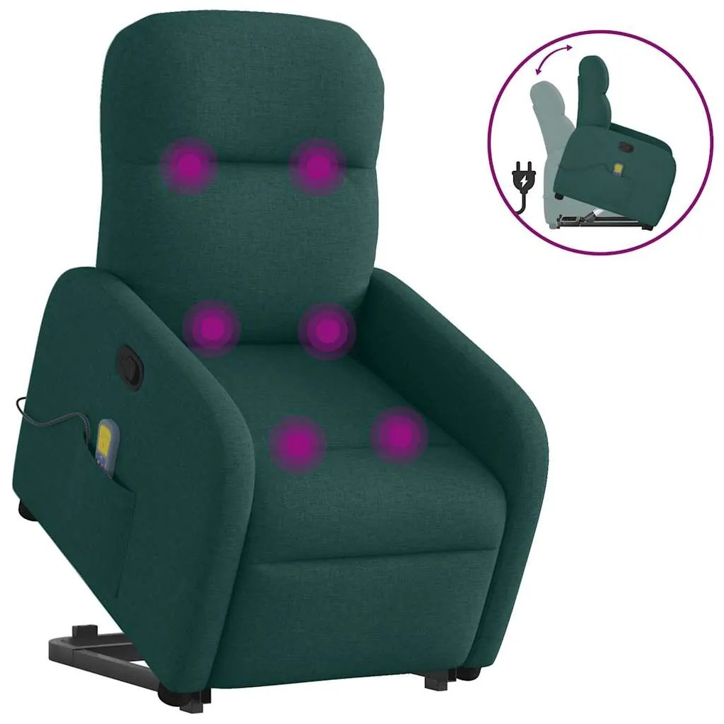 vidaXL Poltrona reclinável elevatória de massagens tecido verde-escuro
