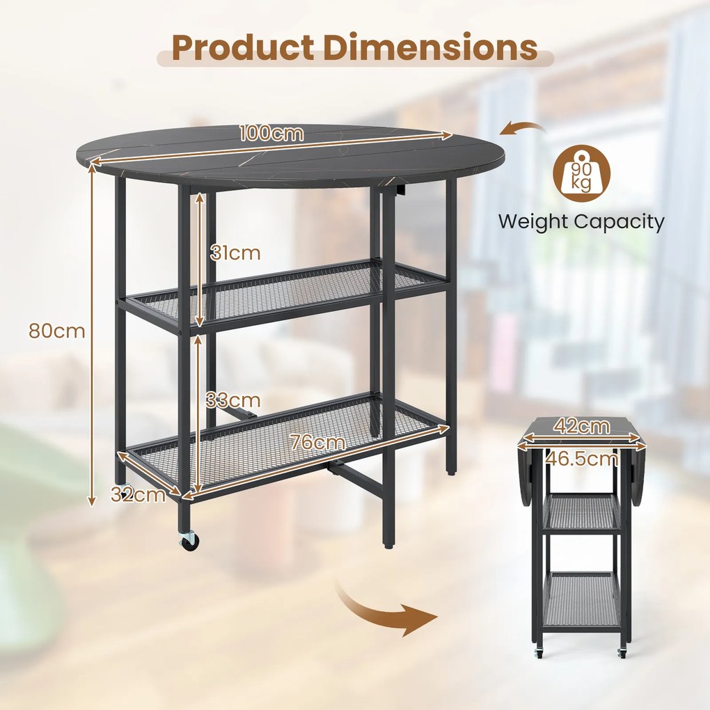 Mesa de jantar, cozinha dobrável 100 x 100 x 80 cm com aparência de mármore, mesa portátil dobrável para 2-4 pessoas, preta