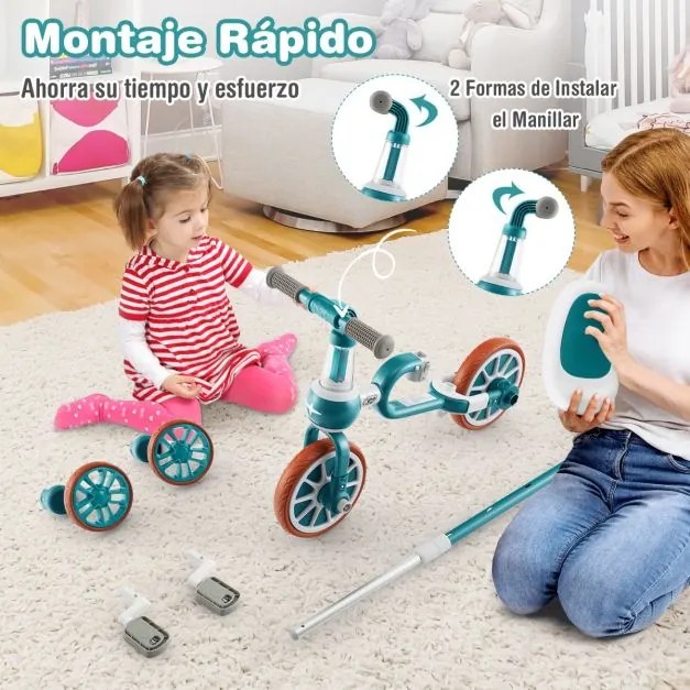 Triciclo para crianças 2-4 anos Bicicleta de equilíbrio 4 em 1 com pedais ajustáveis em altura e rodas amovíveis 37 x 72 x 101 cm Verde