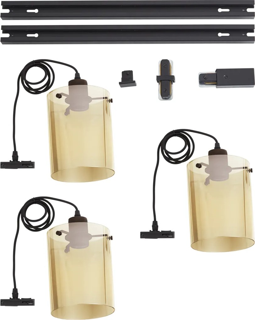 Sistema de calhas de iluminação moderno preto com 3 candeeiros suspensos de vidro âmbar monofásico - Iconic Dome