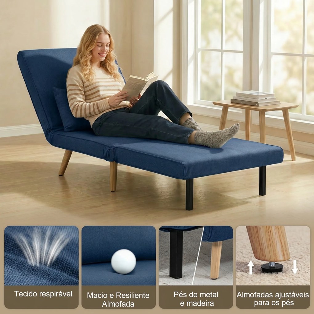 Sofá Cama Individual Estofado em Linho com Encosto Ajustável em 5 Posições e Almofada Sofá Cama Pequeno 72x75x85 cm Azul Escuro