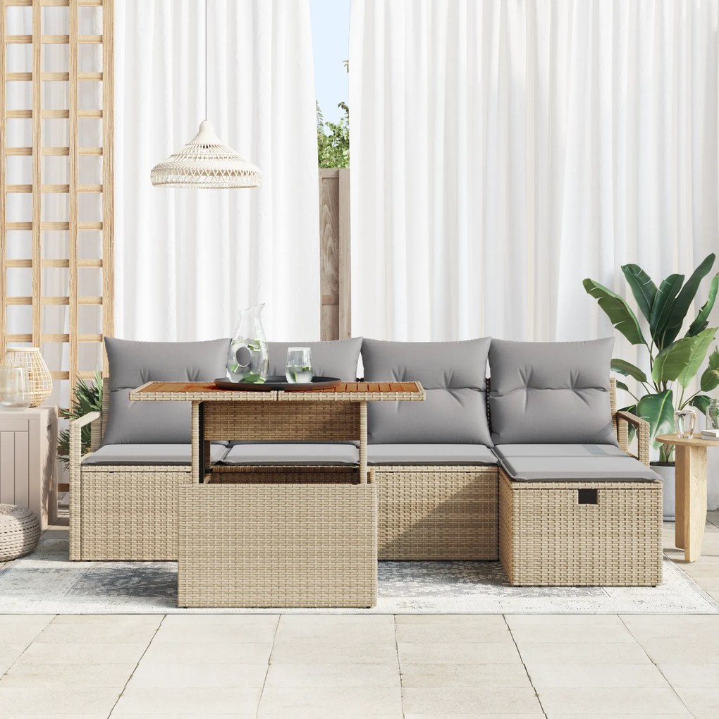 Conjunto de Sofá de Jardim vidaXL de 6 Peças com Almofadas Bege Vime P