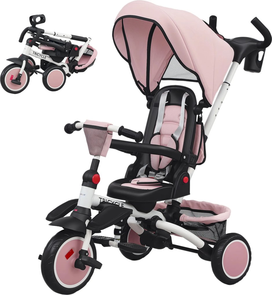 Triciclo para Bebés 6 em 1 Triciclo Criança Dobrável com Pega Parental Ajustável Assento Giratório 360° Rosa