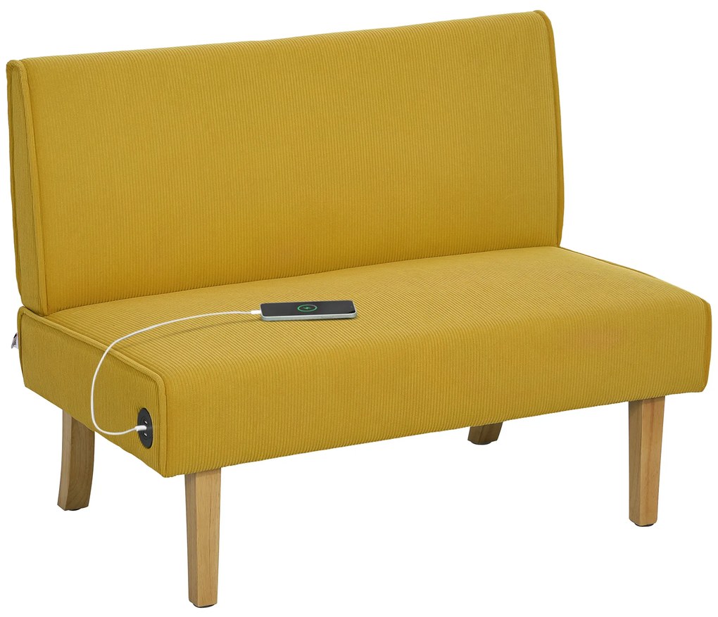 HOMCOM Sofá de 2 Lugares Estofado em Veludo Cotelê Sofá Sala de Estar com 2 Entradas USB 1 Entrada Tipo C 110x60x85 cm Amarelo