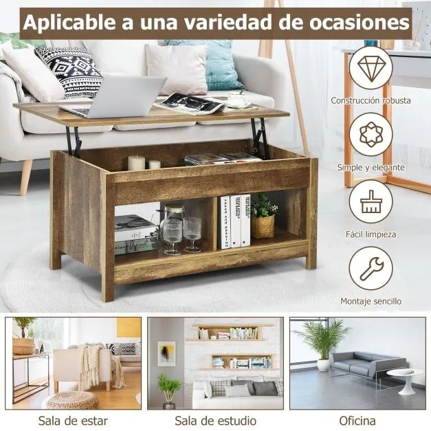 Mesa de centro multifuncional com tampo de mesa extraível com compartimentos ocultos e prateleiras divididas 109 x 47,5 x 50 cm