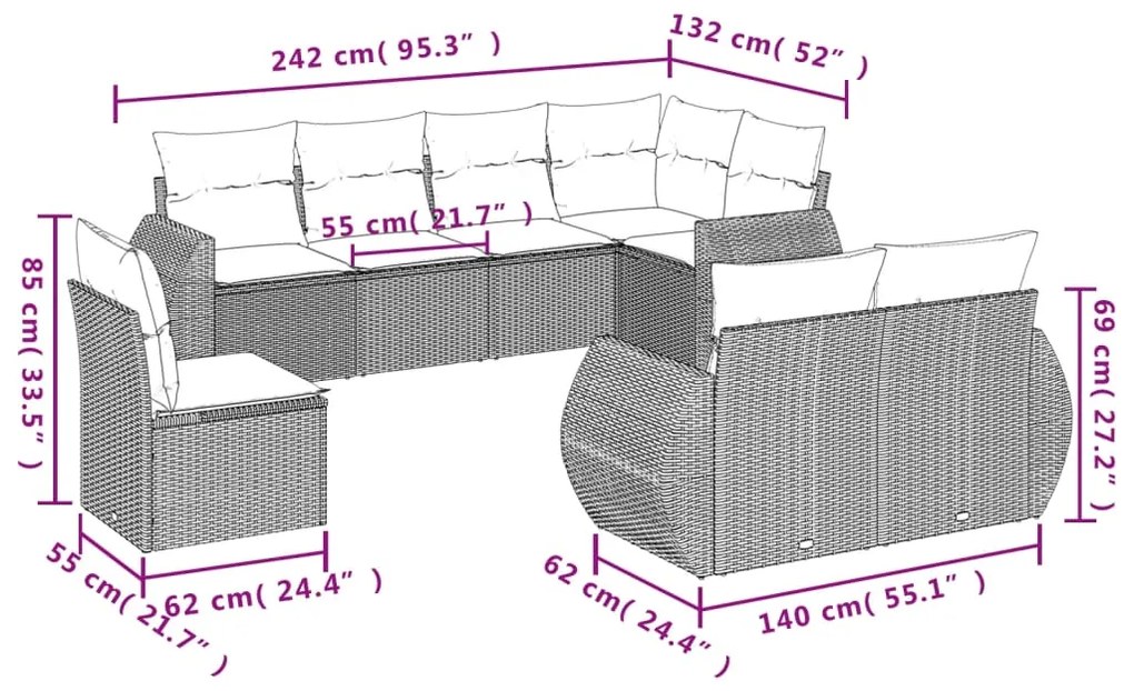 8 pcs conj. sofás jardim c/ almofadões vime PE cinzento-claro