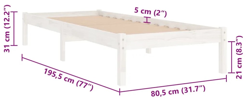 Estrutura cama pequena solteiro 75x190 cm madeira maciça branco