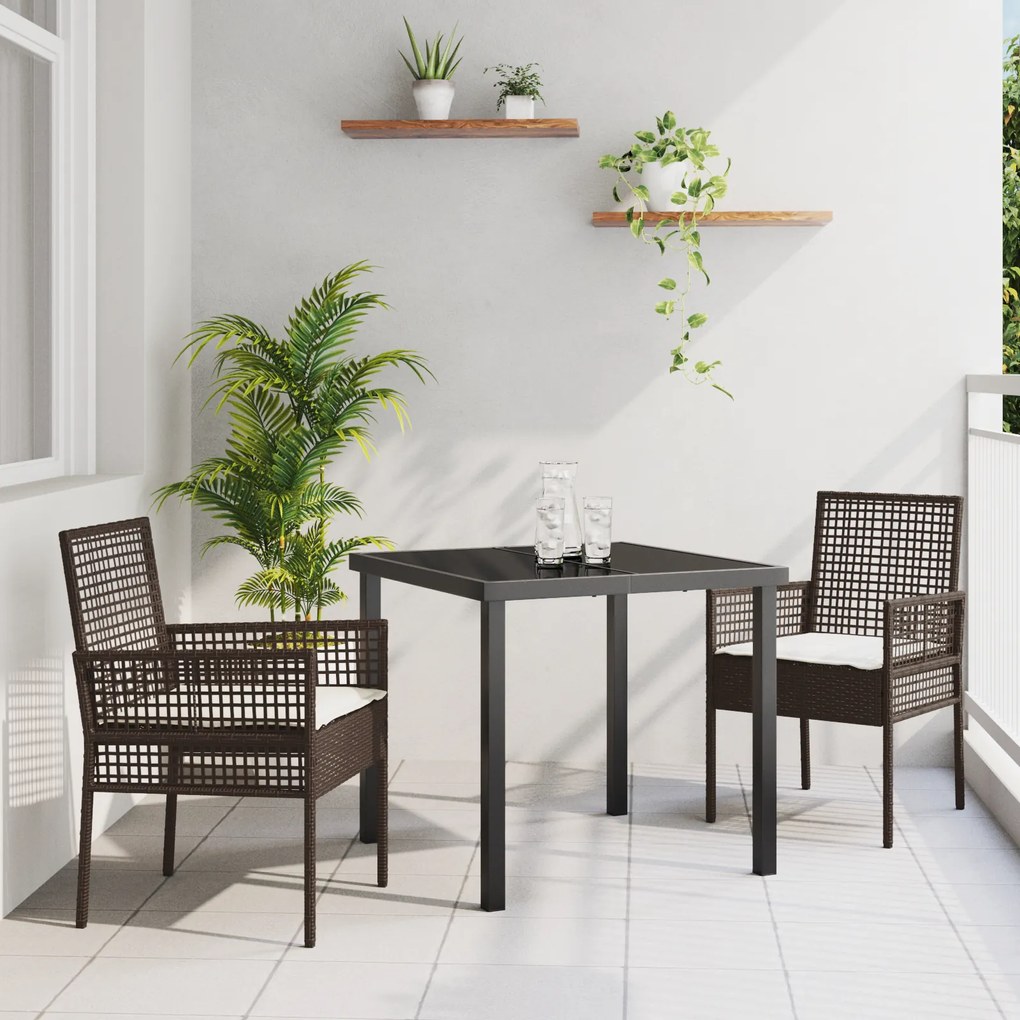 vidaXL Conjunto de Jantar de Jardim de 3 Peças com Almofadas Castanho Poli Rattan
