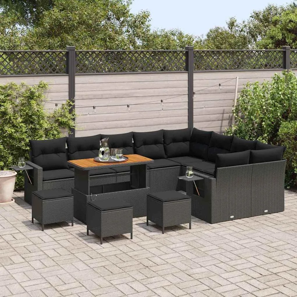 Conjunto de Sofá de Jardim vidaXL com 13 Peças e Almofadas Preto Ratta