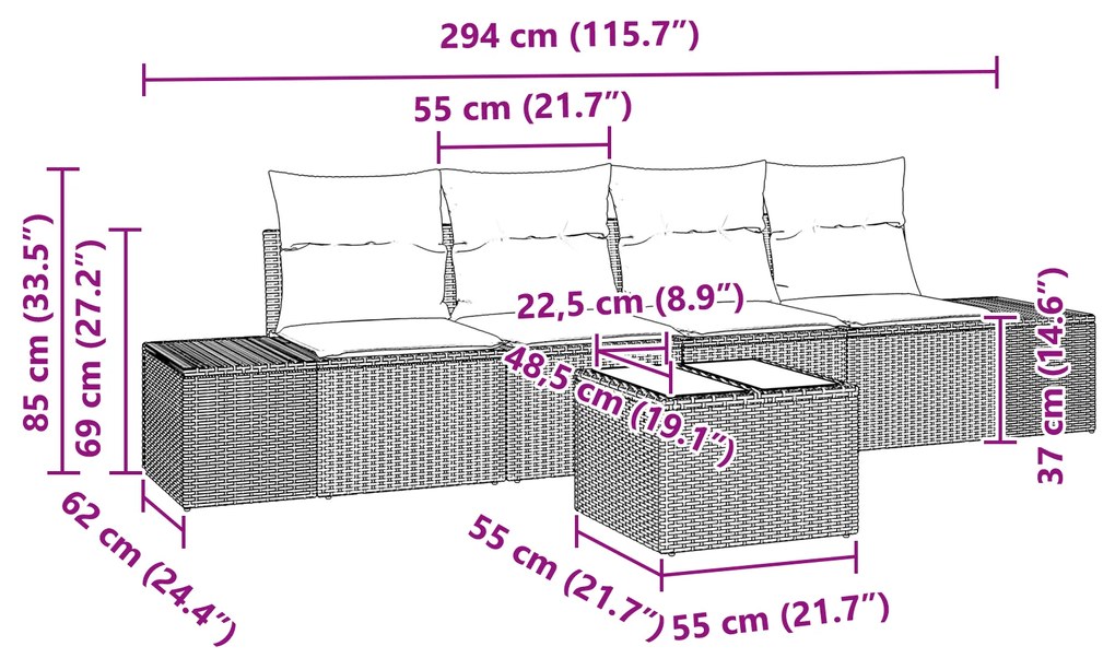 Conjunto de Sofá de Jardim de 5 Peças com Almofadas Cinza Claro Vime R