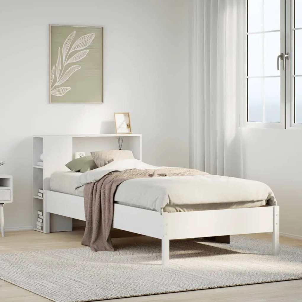 vidaXL Cama com estante sem colchão 100x200 cm pinho maciço branco