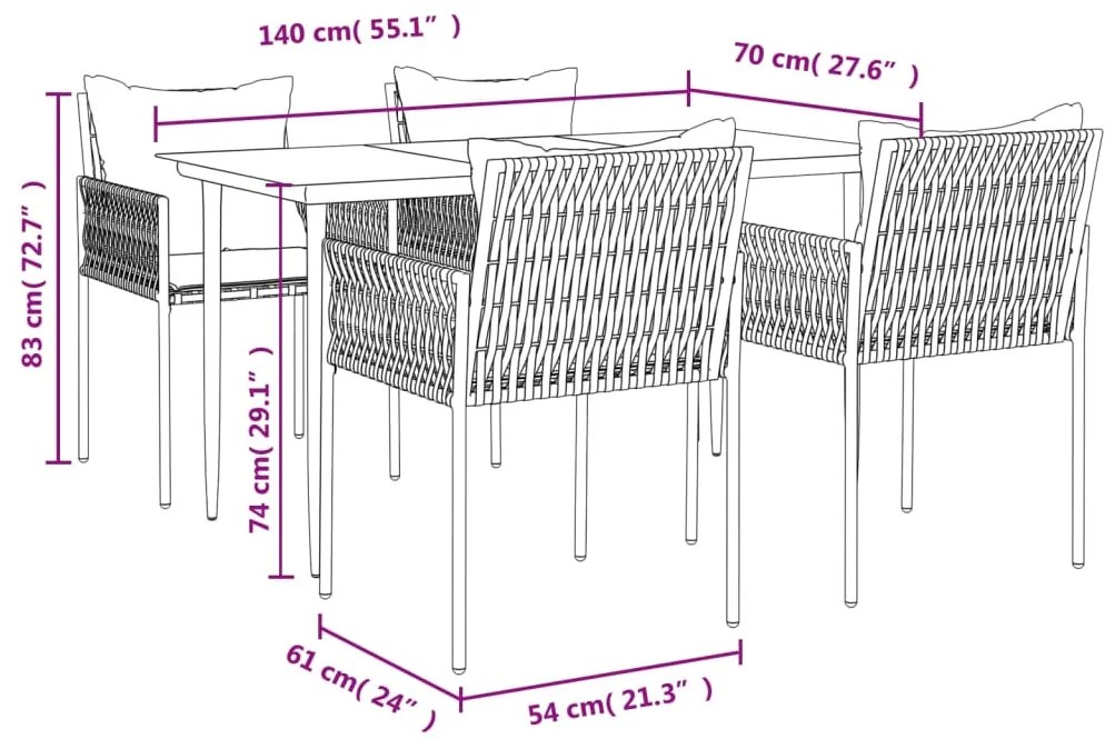 5 pcs conjunto de jantar p/ jardim c/ almofadões vime PE e aço