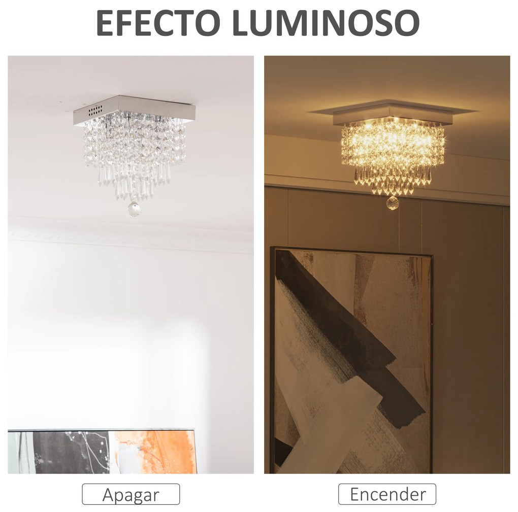 HOMCOM Candeeiro de Teto de Cristal K9 Moderna com 4 Suporte para Lâmpadas G9 e Base de Aço Inoxidável Candeeiro de Aranha para Sala de Jantar Dormitório Sala de Estar Ø25x29cm Prata