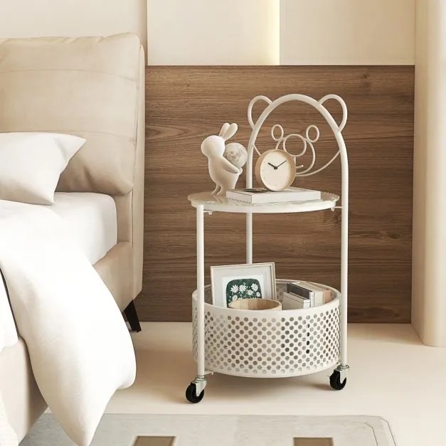Mesa de centro de vidro móvel Mesa apoio ou cabeçeira de 2 níveis com padrão de urso Cesto de arrumação Estrutura metálica Mesa lateral moderna Branca