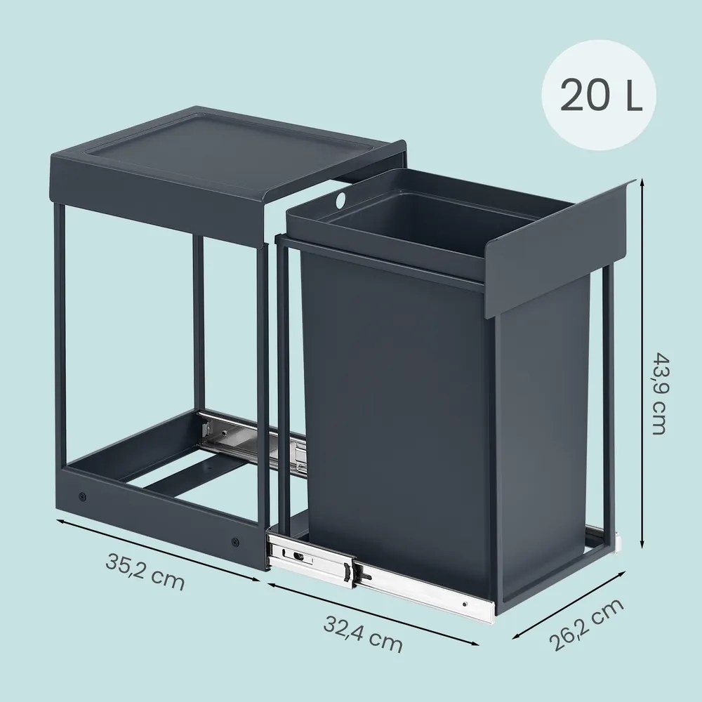 Caixote do lixo de cozinha, para armário inferior, 1 x 20 L 34,7 x 25,7 x 43,4 cm, cinzento