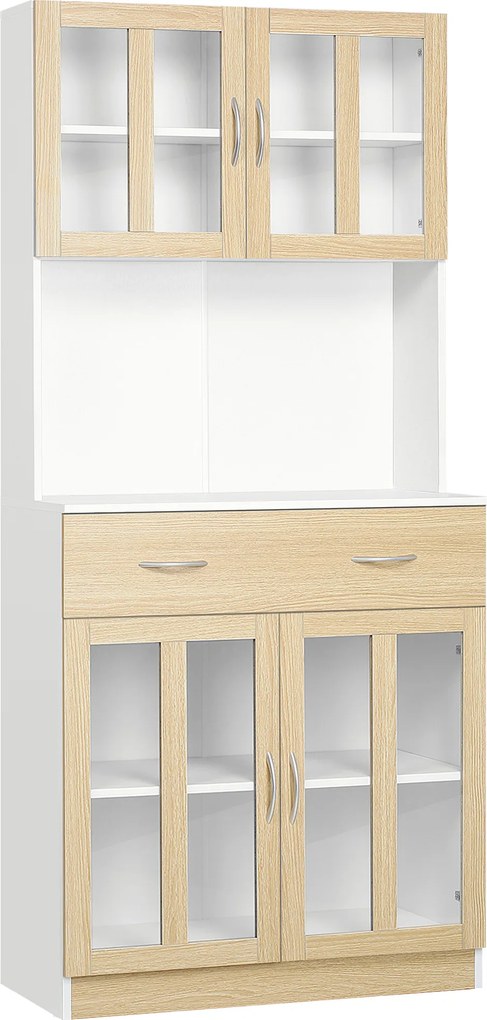 Armário de Cozinha 80x40x180 cm com 4 Portas de Vidro Bancada Aberta para Micro-Ondas Branco e Madeira