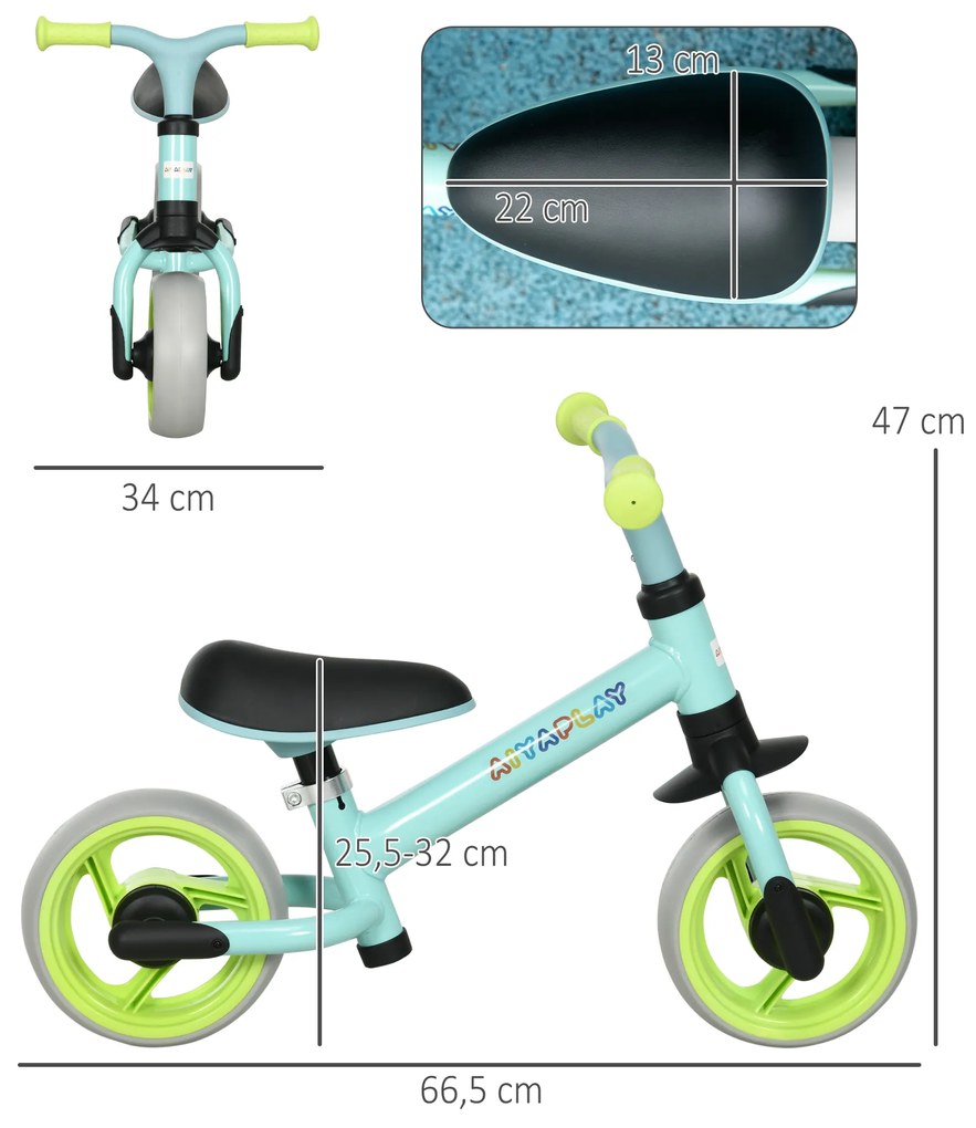 Bicicleta sem Pedais para Crianças de 18-48 Meses Bicicleta de Equilíbrio com Assento Ajustável em Altura 66,5x34x47 cm Verde