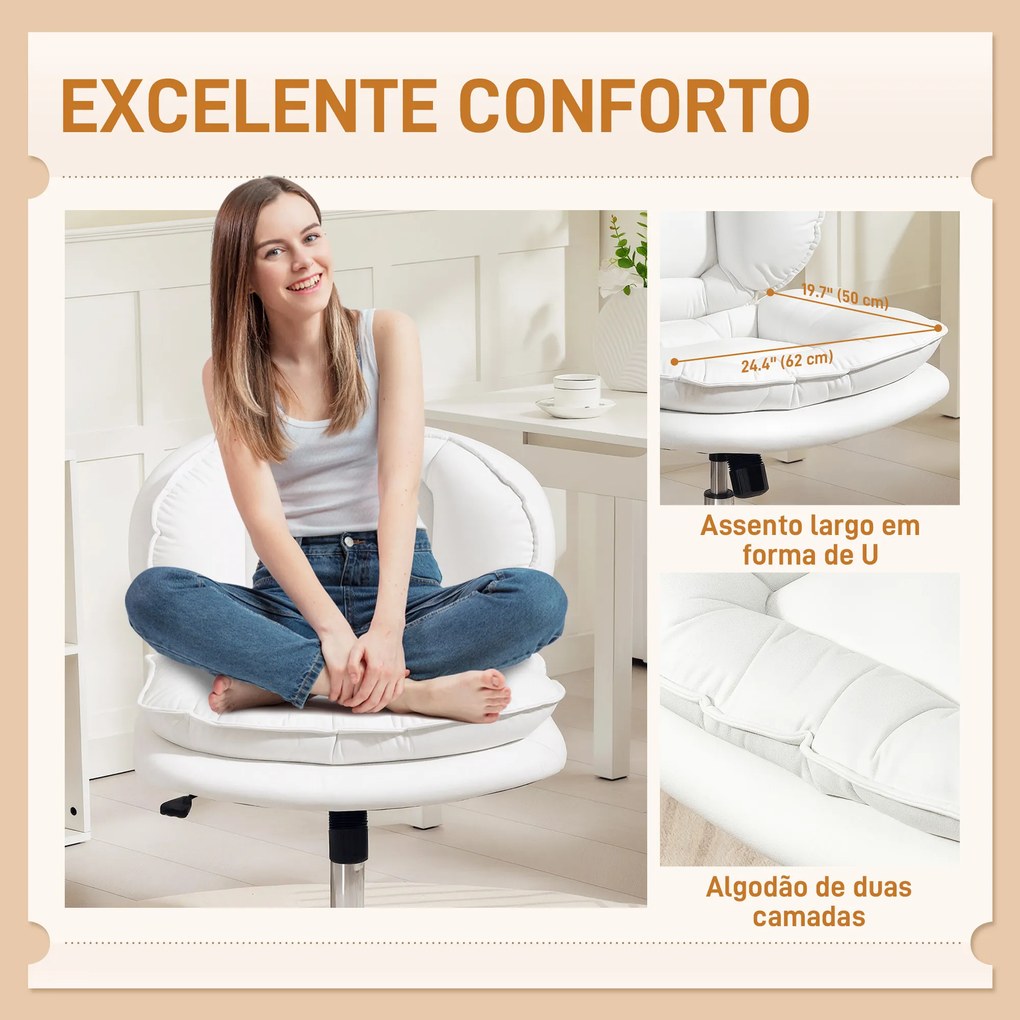 Cadeira de Escritório com Rodas Cadeira para Secretária com Função Baloiço Assento Amplo Sem Braços 60x65x83-93 cm Branco