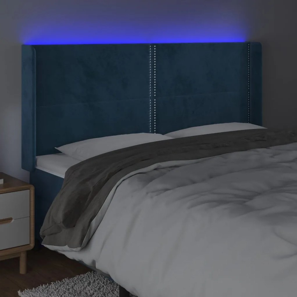 Cabeceira cama c/ luzes LED veludo 183x16x118/128cm azul-escuro