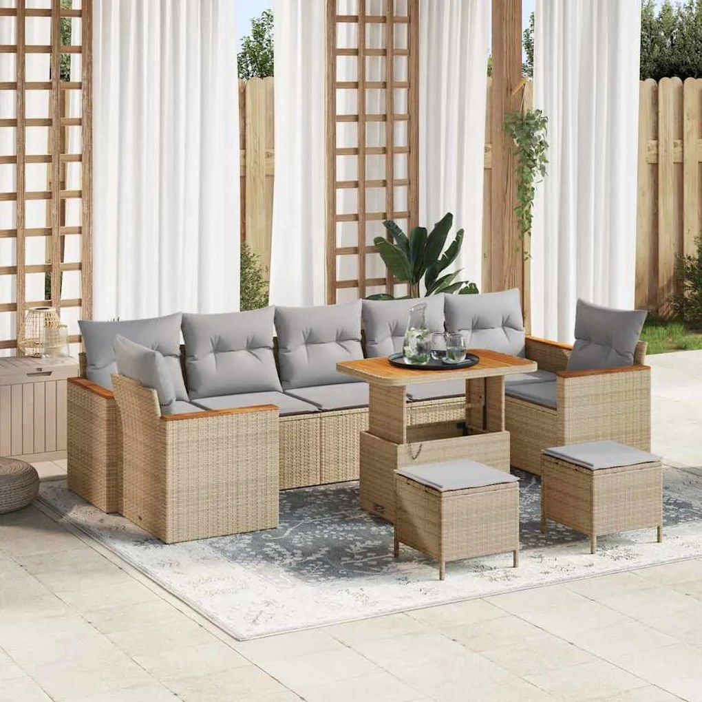 Conjunto de Sofa de Jardim vidaXL 10 Peças com Almofadas Bege Poliéster Vime Acácia