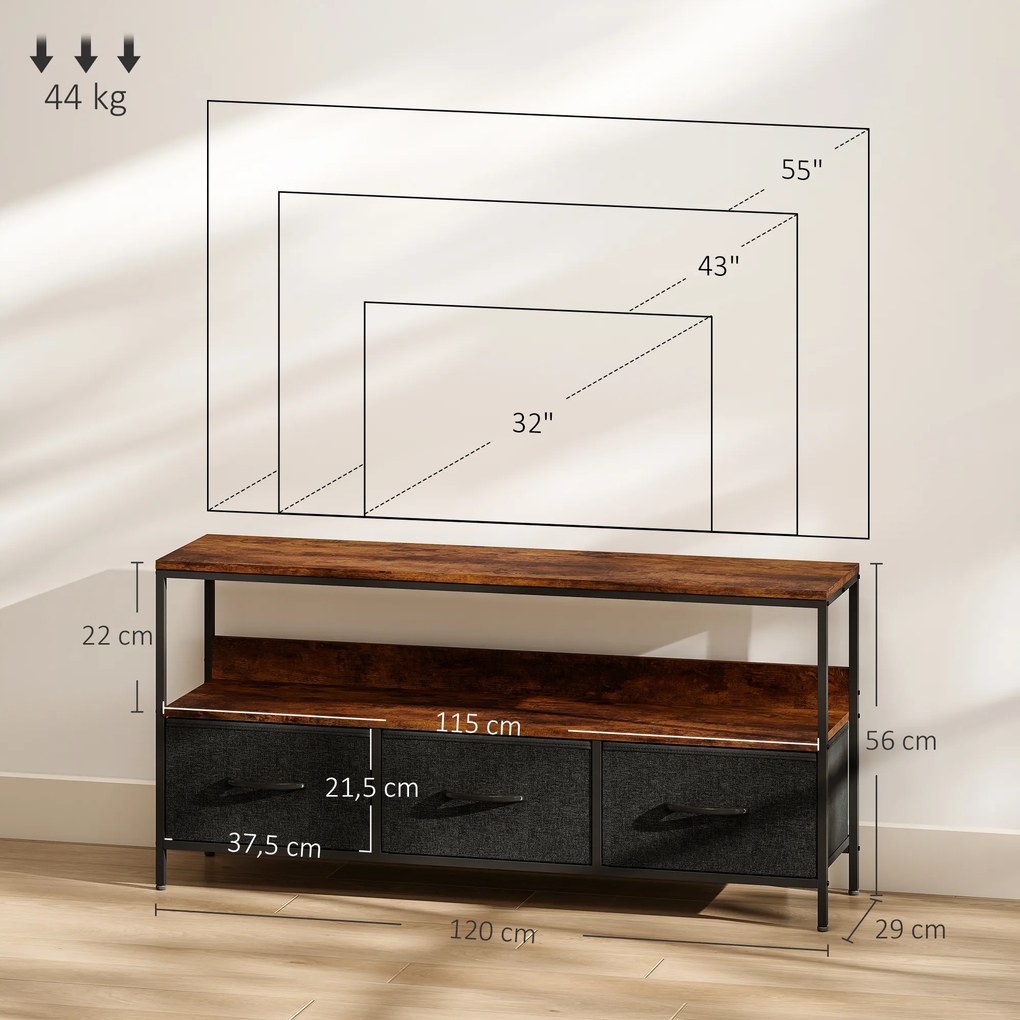 Móvel de TV, móvel para televisores até 55 polegadas, com 3 gavetas e pés em aço, 120 x 29 x 56 cm, castanho rústico