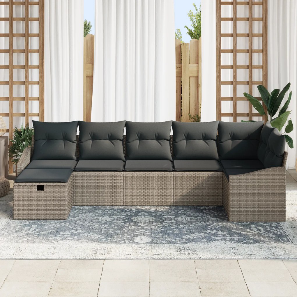 Conjunto de Sofás de Jardim de 7 Peças com Almofadas Cinza Rattan Poli