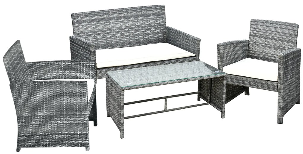 Outsunny Conjunto Móveis Jardim Vime 4 Peças Sofá 2 Lugares 2 Poltronas Mesa Centro Estilo Moderno Conforto Cinza | Aosom Portugal