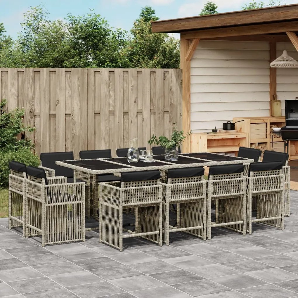 vidaXL 13 pcs conj. jantar jardim c/ almofadões vime PE cinzento-claro