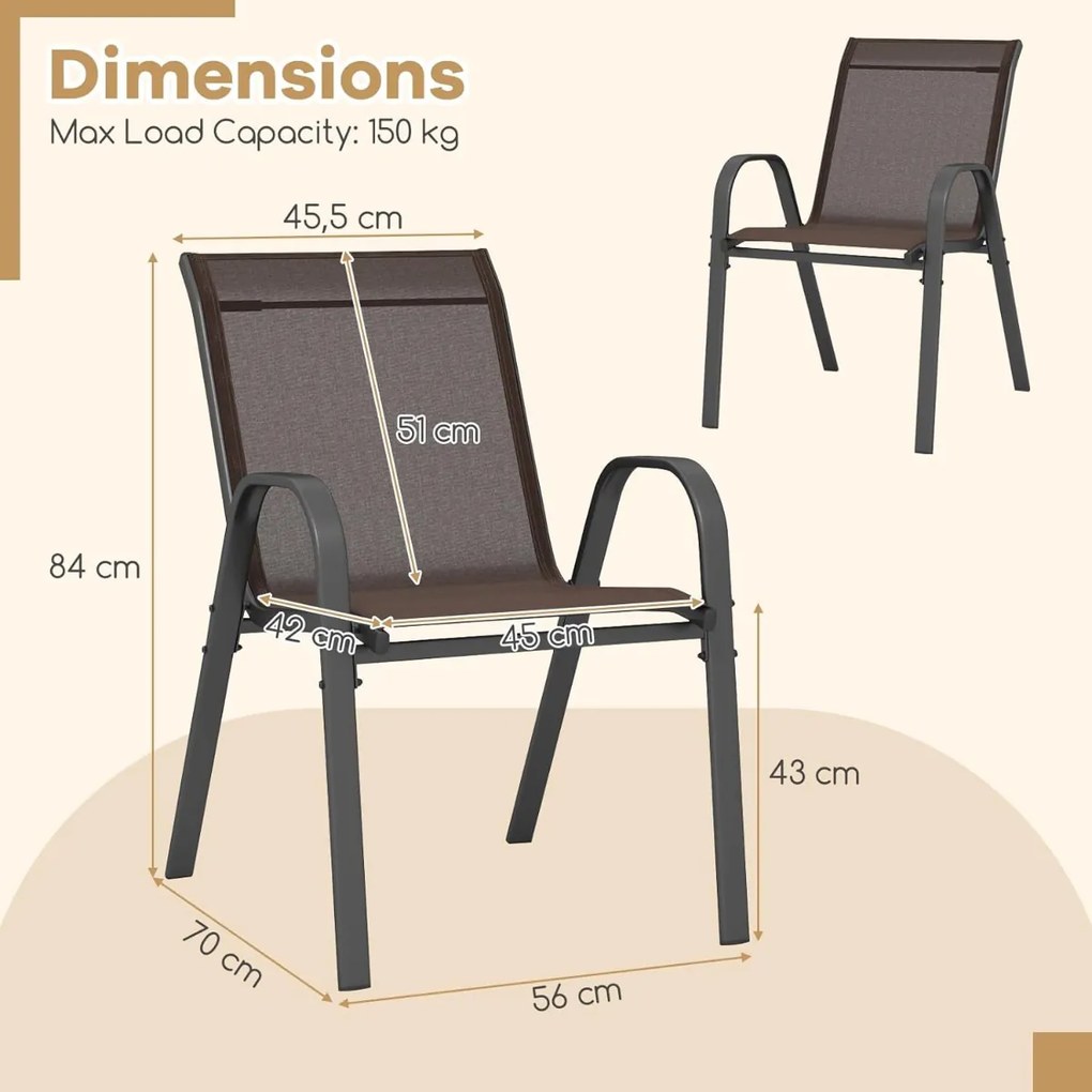 Conjunto de 4 cadeiras de jantar de jardim empilháveis Estrutura resistente ao tecido respirável Pátio exterior Praia 55 x 67 x 83 cm Castanho