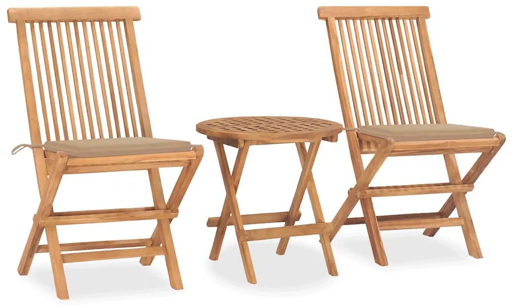 vidaXL 3 pcs conj. jantar dobrável exterior c/ almofadão teca maciça