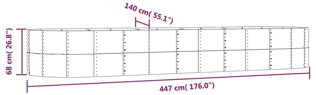 Canteiro elevado jardim 447x140x68 aço revestido a pó prateado