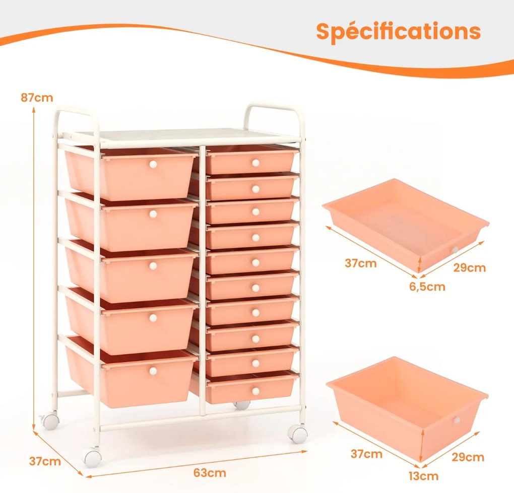 Carrinho organizador utilitário com rodinhas e 15 gavetas, armazenamento multiuso, rosa