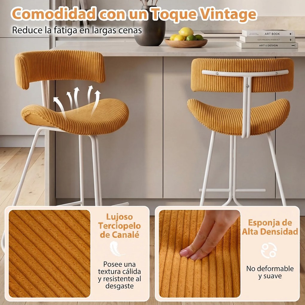 Conjunto de 2 Bancos de Bar, 50,5 x 51 x 93 cm, Estofados a Bombazina, Laranja