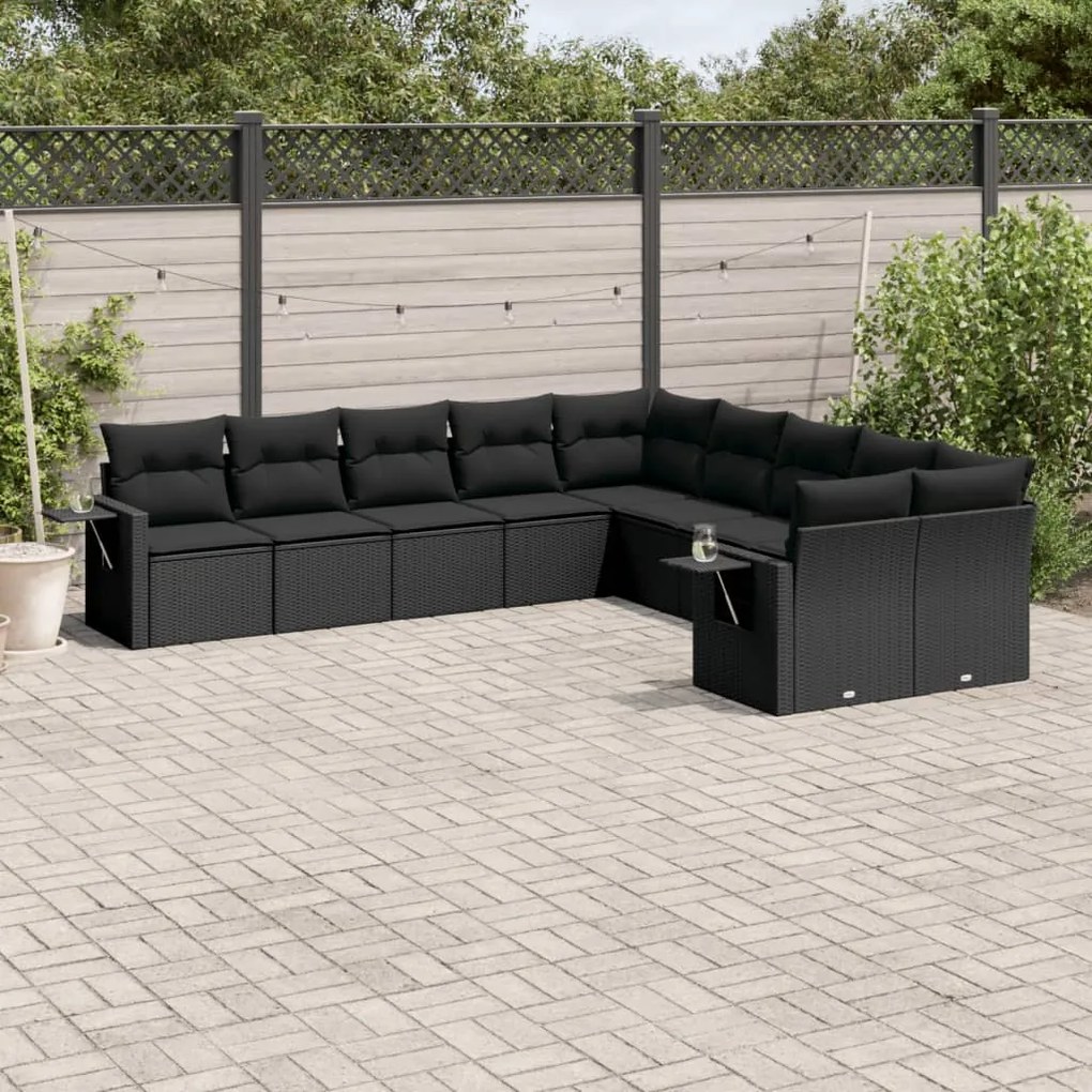 vidaXL 10 pcs conjunto sofás de jardim c/ almofadões vime PE preto