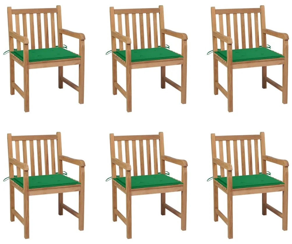vidaXL Cadeiras de jardim c/ almofadões verdes 6 pcs teca maciça
