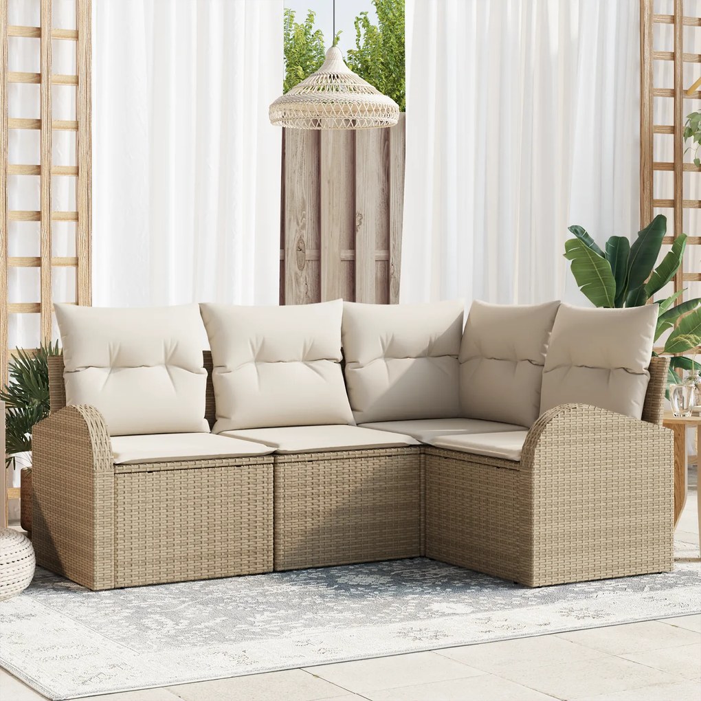 Conjunto de Sofá de Jardim vidaXL com Almofadas Bege Vime Poliéster
