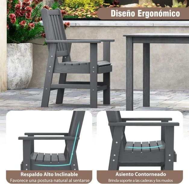 Cadeira de jantar de jardim Plástico com braços largos, assento e encosto em ripas para salão Gazebo 61 x 61,5 x 95 cm Cinza
