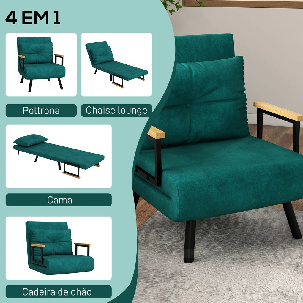 Poltrona Convertível em Cama Dobrável com Encosto Ajustável em 5 Níveis e Almofada Acolchoada Carga 120 kg 63x73x81 cm Verde