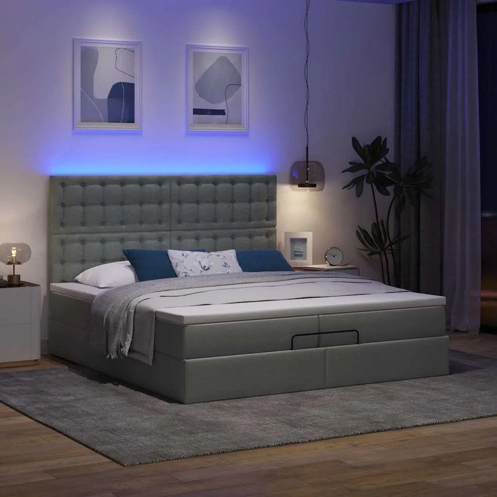 Estrutura de cama otomana com colchões tecido cinzento escuro