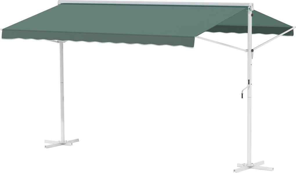 Toldo de dupla inclinação 4 x 3 m, manual e retrátil, inclinação ajustável, metal e poliéster impermeabilizado, verde escuro