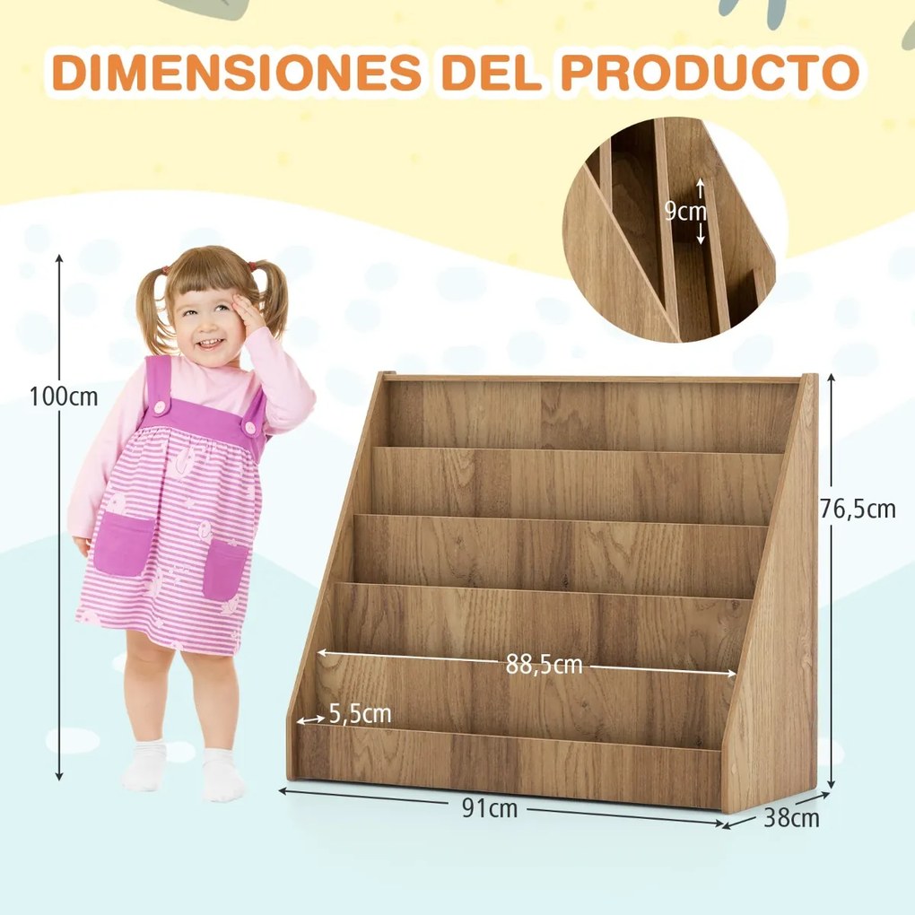 Estante infantil 91 x 38 x 76,5 cm de 5 níveis com pequeno porta-revistas para quarto infantil, sala de estar ou creche Natural