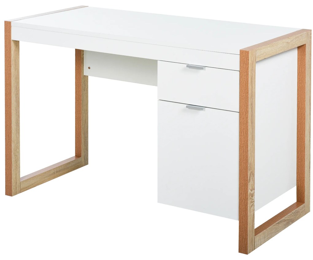 HOMCOM Mesa de Computador com Gaveta Armário Pés em Forma Retangular112,5x50x75,5 cm Branco e Madeira | Aosom Portugal