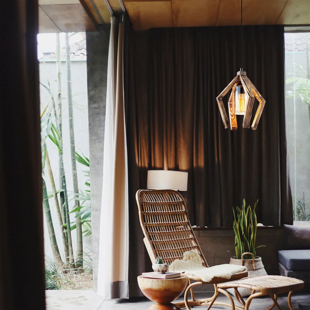 Chandelier Erebos – Preto e Madeira – 28 x 28 cm