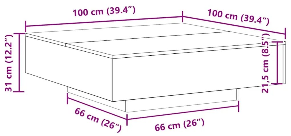 Mesa de Centro vidaXL com Luzes LED Madeira Antiga 100x100x31 cm