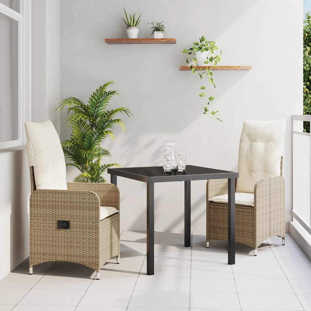 vidaXL Conjunto de Jantar de Jardim de 3 Peças com Almofadas Bege Vime Poliéster