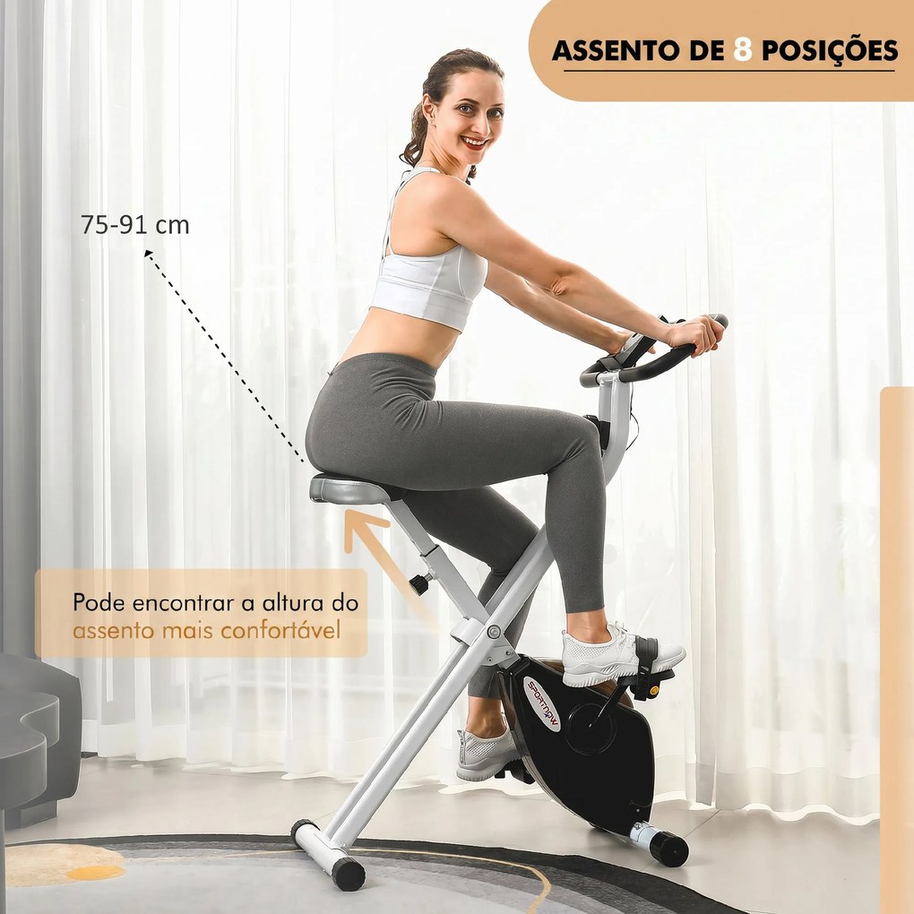 Bicicleta Estática Dobrável Silenciosa com 8 Níveis de Resistência, Monitor LCD, Assento Ajustável e Rodas, Branca