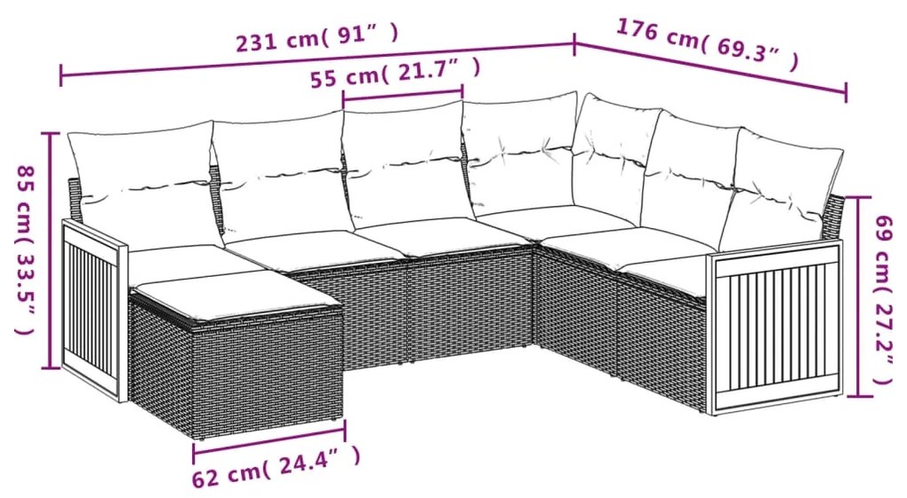 7 pcs conjunto de sofás p/ jardim com almofadões vime PE bege