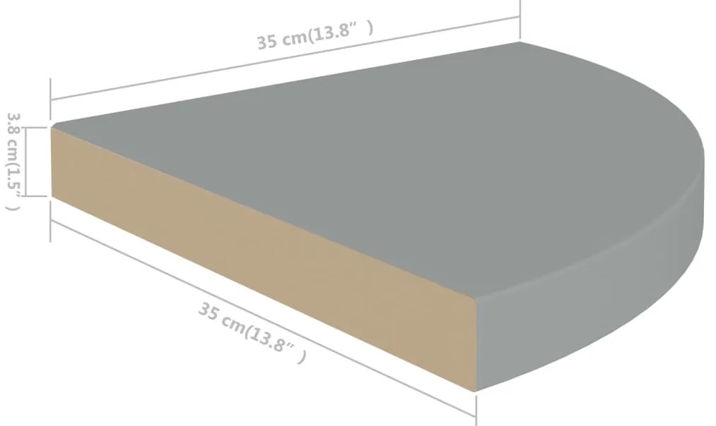 Prateleira de canto suspensa 35x35x3,8 cm MDF cinzento